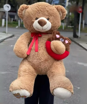 Peluche Oso Café Con Moño Rojo Grande