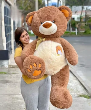 Peluche Oso Café Moño Dorado Tamaño Grande