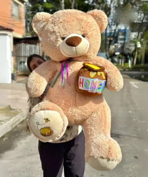 Peluche Oso Color Miel Moño Tricolor Pote De Miel Grande