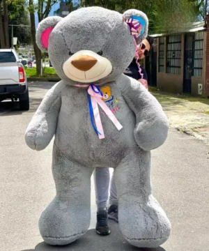 Peluche Oso Gris Corbatin  Rosa Y Azul Moño Rosa  Gigante